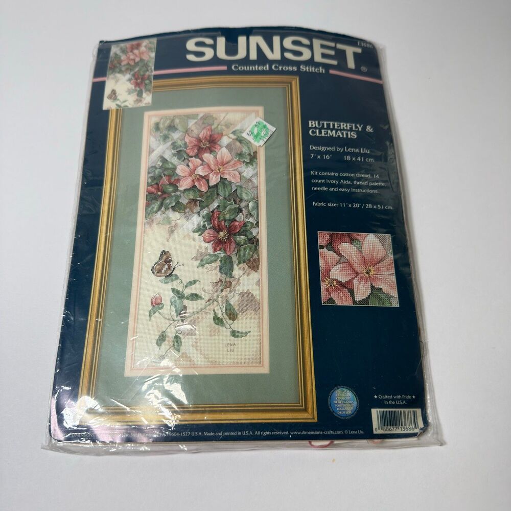 Dimensions Sunset #13686 Butterfly & Clematis Cross Stitch Kit Vintage 2001 OPEN